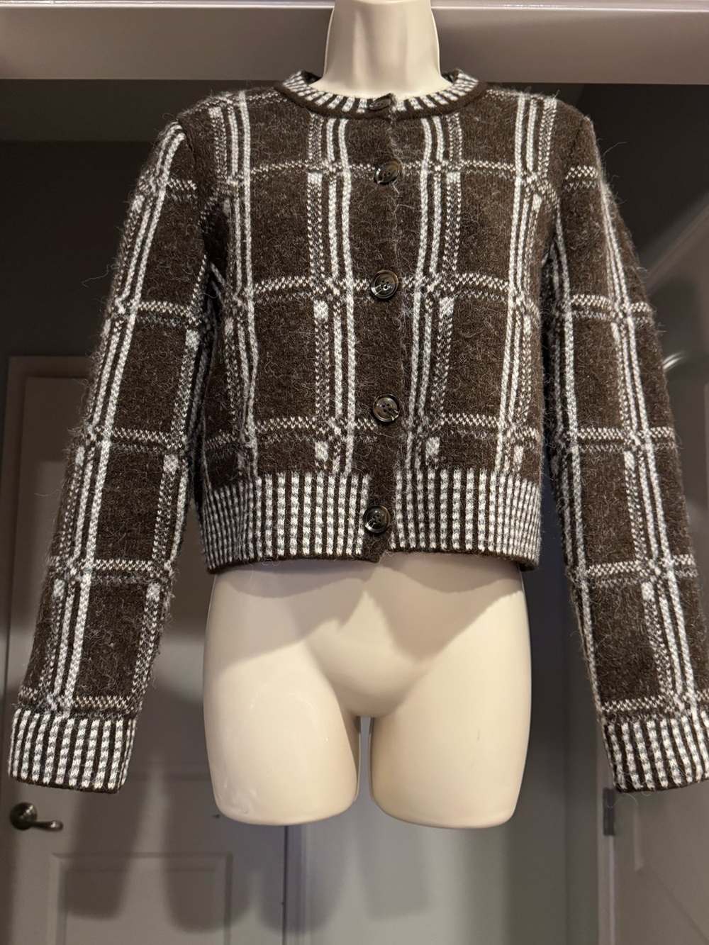 Zara Brown & White Wool Blend Plaid Cropped Knit Jacket Small
